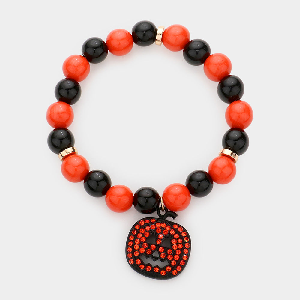 Madeline Love Jet Black, Multi Pumpkin Charm Beaded Stretch Bracelet - Bracelets