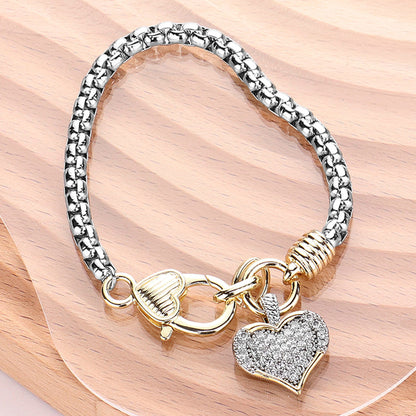 Two Tone CZ Stone Paved Heart Charm Pointed Bracelet