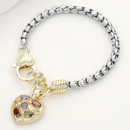 Two Tone CZ Stone Embellished Heart Charm Bracelet