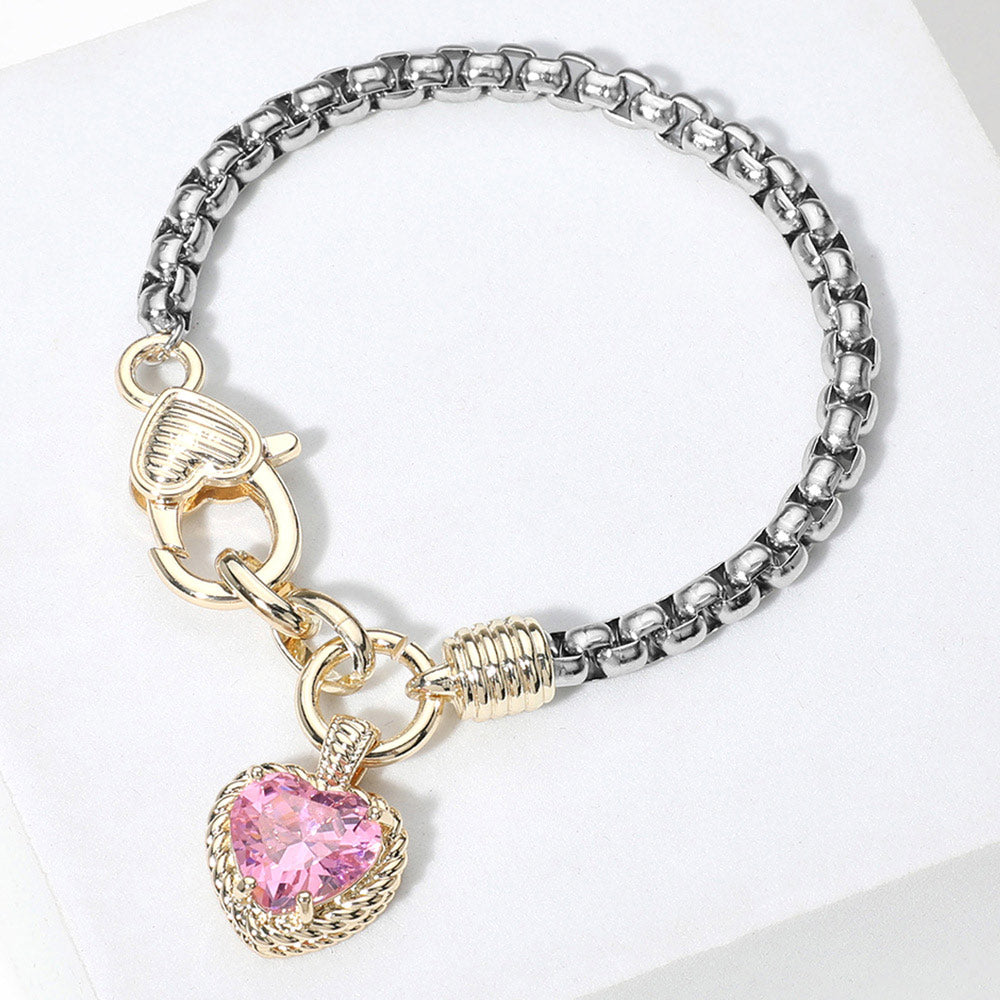 Madeline Love Rose Two Tone CZ Stone Heart Charm Bracelet - Jewelry