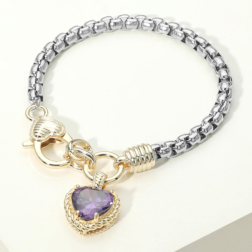 Madeline Love Amethyst Two Tone CZ Stone Heart Charm Bracelet - Jewelry