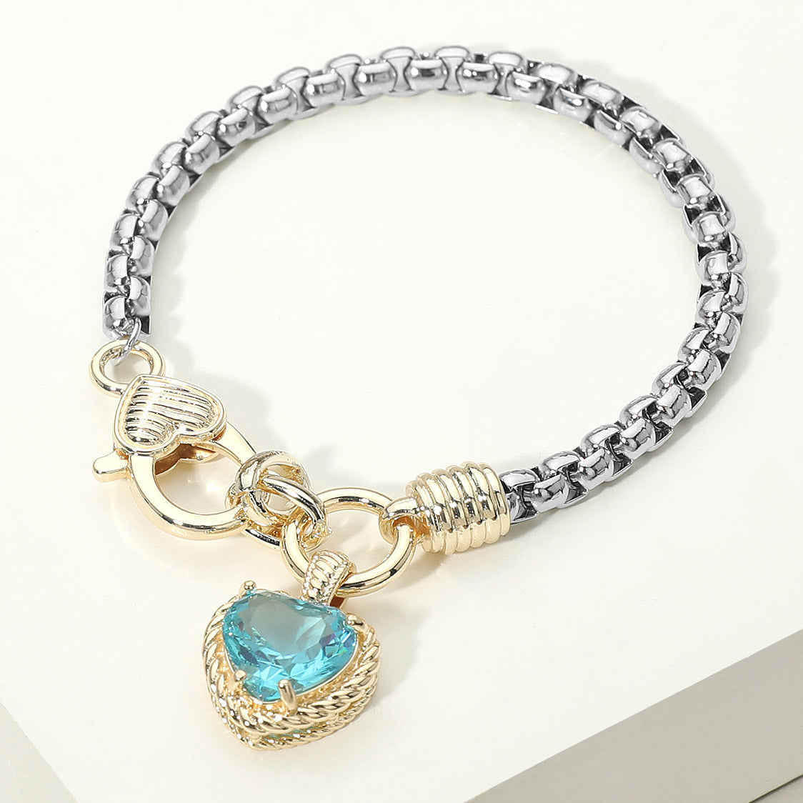 Madeline Love Blue Two Tone CZ Stone Heart Charm Bracelet - Jewelry