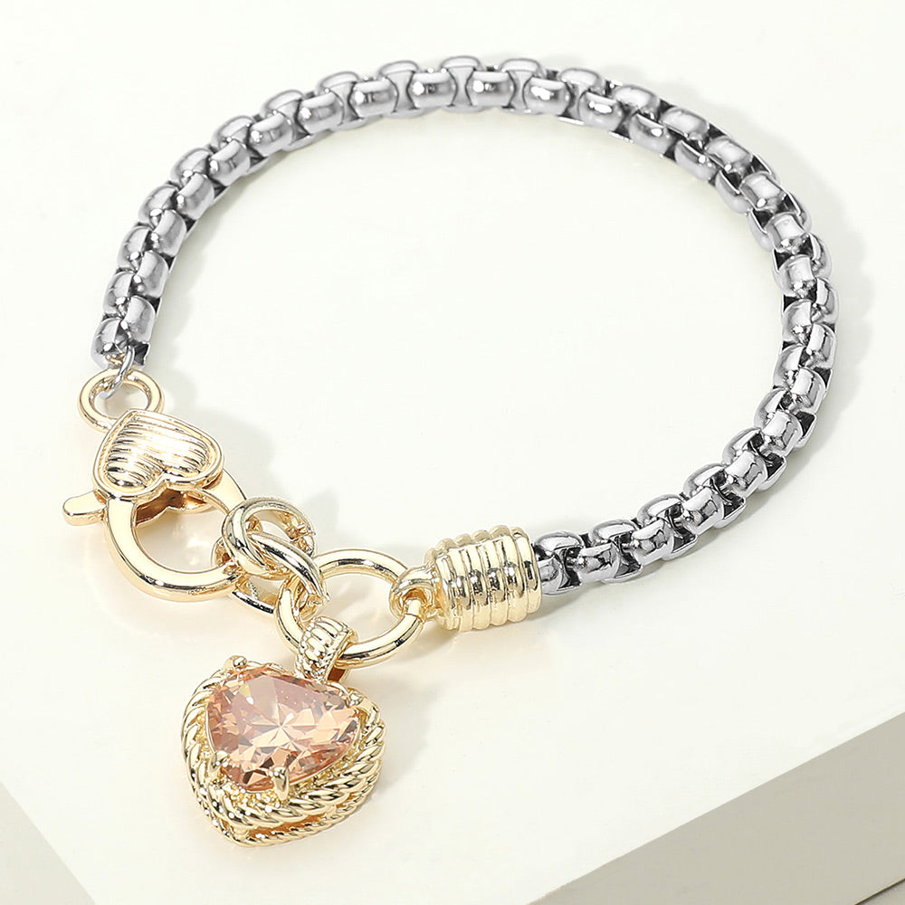 Madeline Love Champagne Two Tone CZ Stone Heart Charm Bracelet - Jewelry