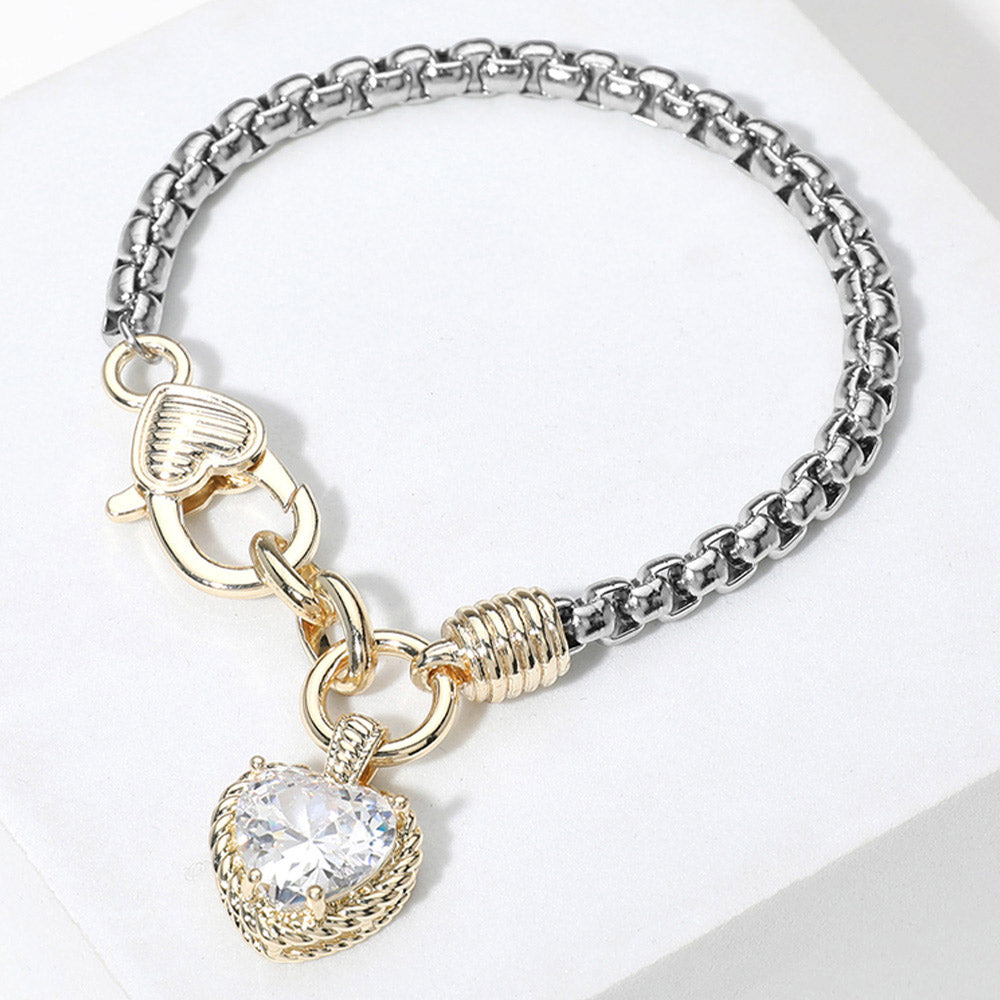 Madeline Love Clear Two Tone CZ Stone Heart Charm Bracelet - Jewelry