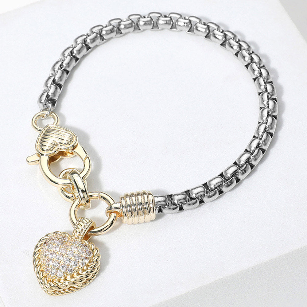 Madeline Love Two Tone Two Tone CZ Stone Paved Heart Charm Bracelet