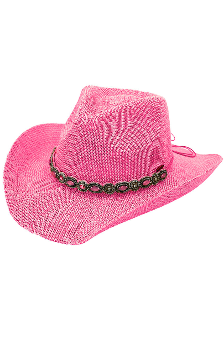 C.C Rhinestone Jewel Charm Trim Cowboy Hat - Pink - Cow Boy Hats
