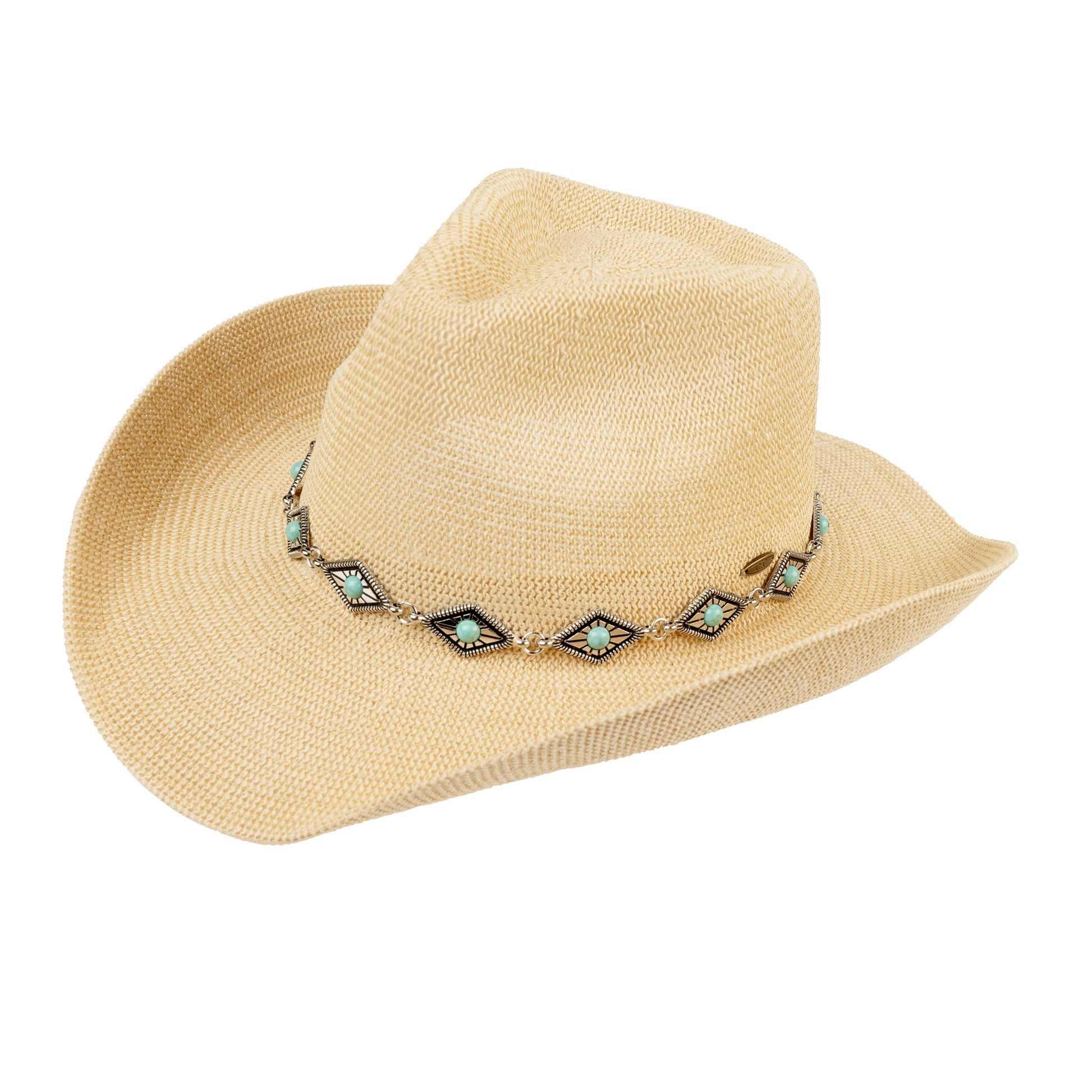 C.C Knitted Cowboy Hat With Turquoise Stone And Engraved Aztec Pattern Band - Beige - Cowboy Hats