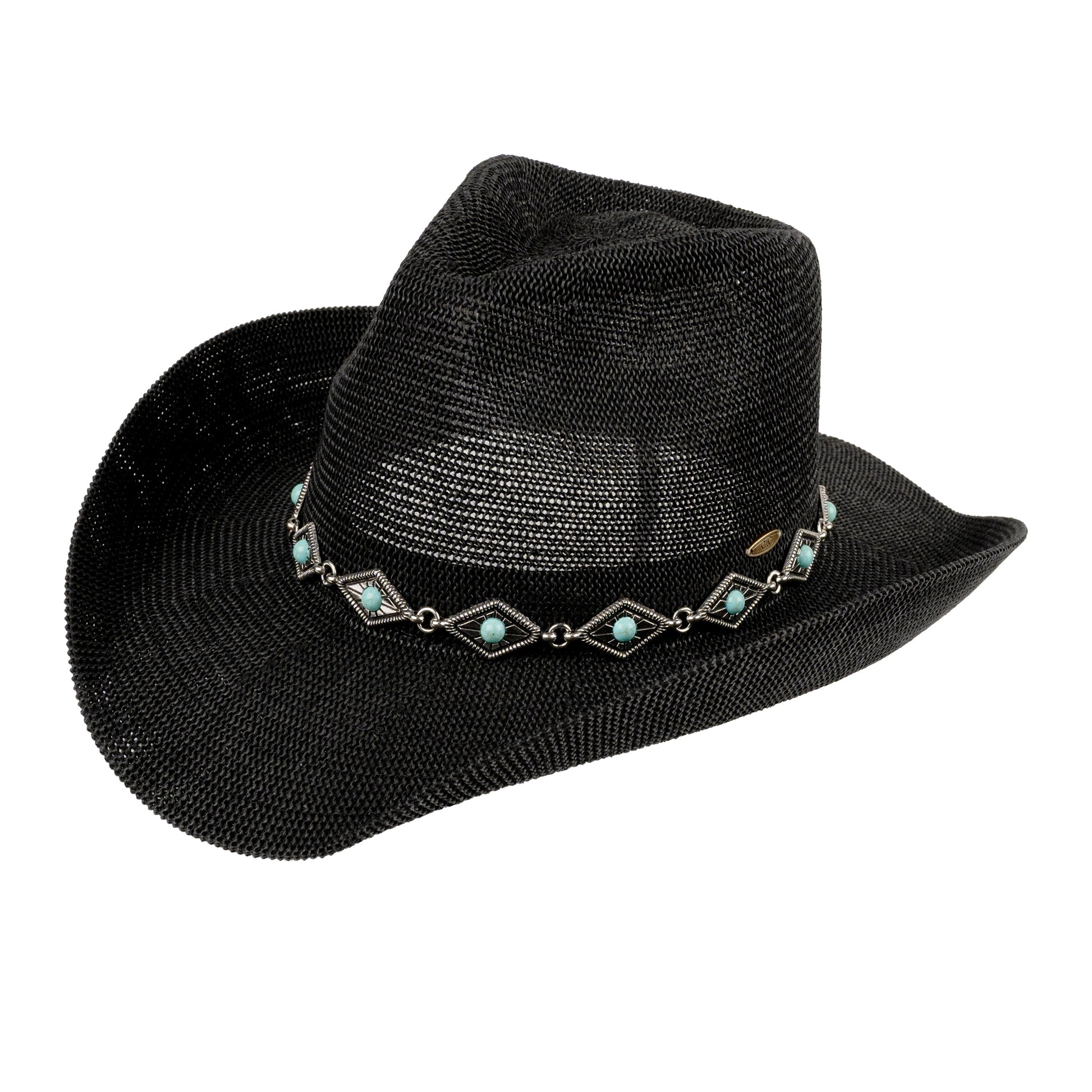 C.C Knitted Cowboy Hat With Turquoise Stone And Engraved Aztec Pattern Band - Black - Cowboy Hats