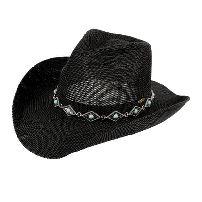 C.C Knitted Cowboy Hat With Turquoise Stone And Engraved Aztec Pattern Band - Black - Cowboy Hats