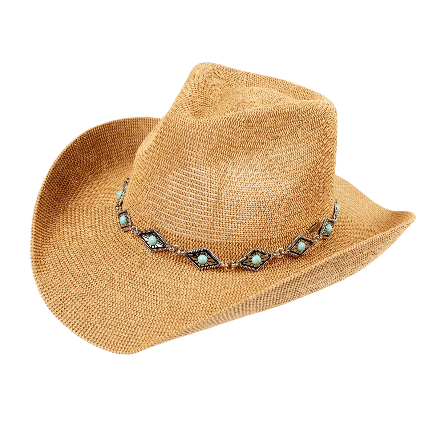 C.C Knitted Cowboy Hat With Turquoise Stone And Engraved Aztec Pattern Band - Dk. Natural - Cowboy Hats
