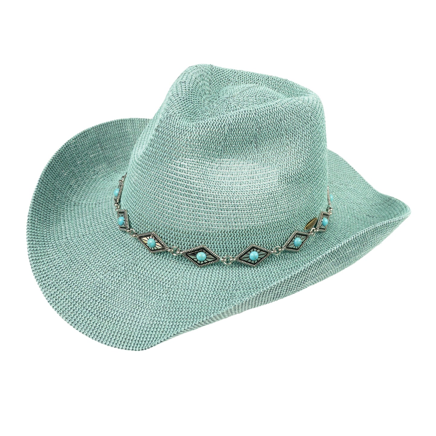C.C Knitted Cowboy Hat With Turquoise Stone And Engraved Aztec Pattern Band - Mint - Cowboy Hats