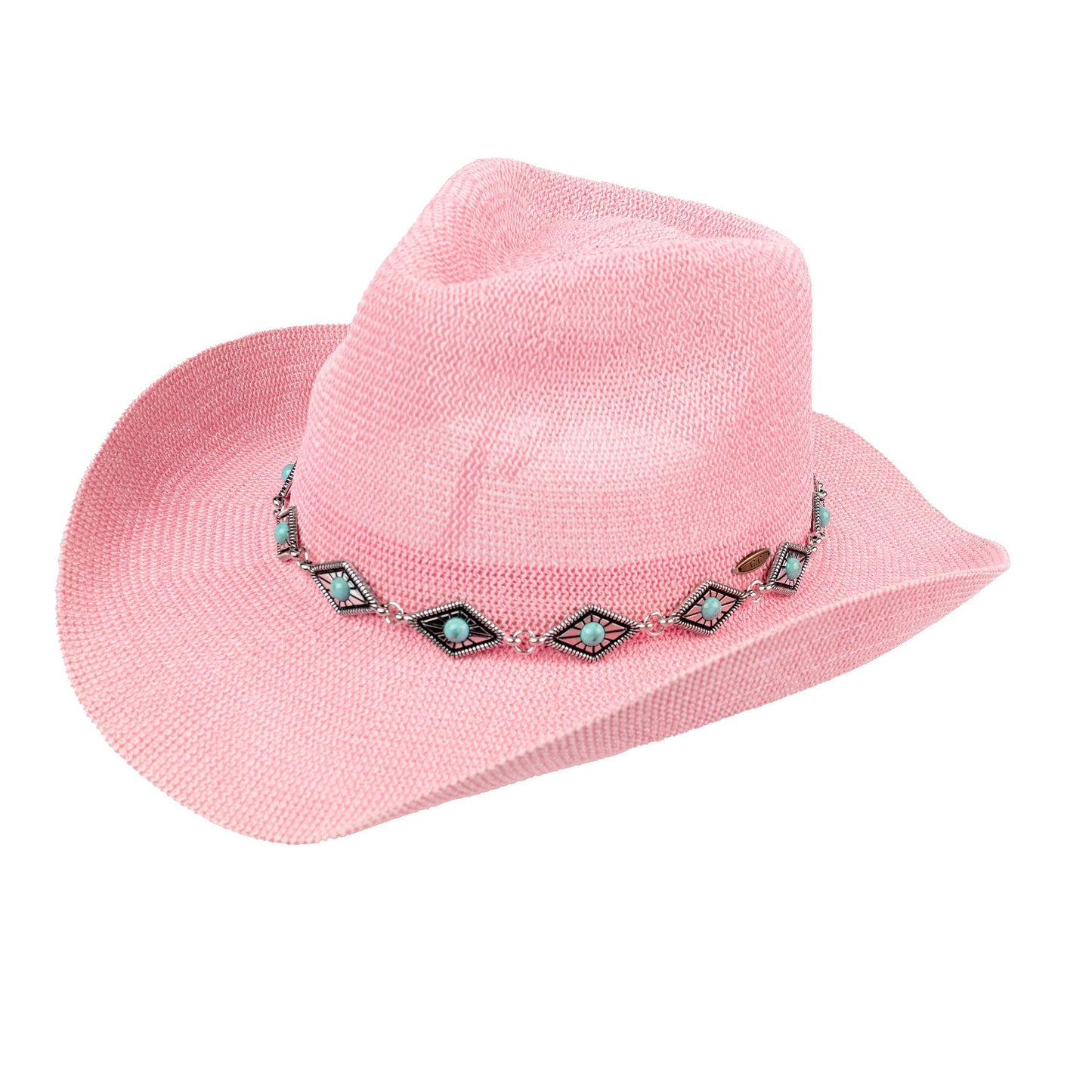 C.C Knitted Cowboy Hat With Turquoise Stone And Engraved Aztec Pattern Band - Pink - Cowboy Hats