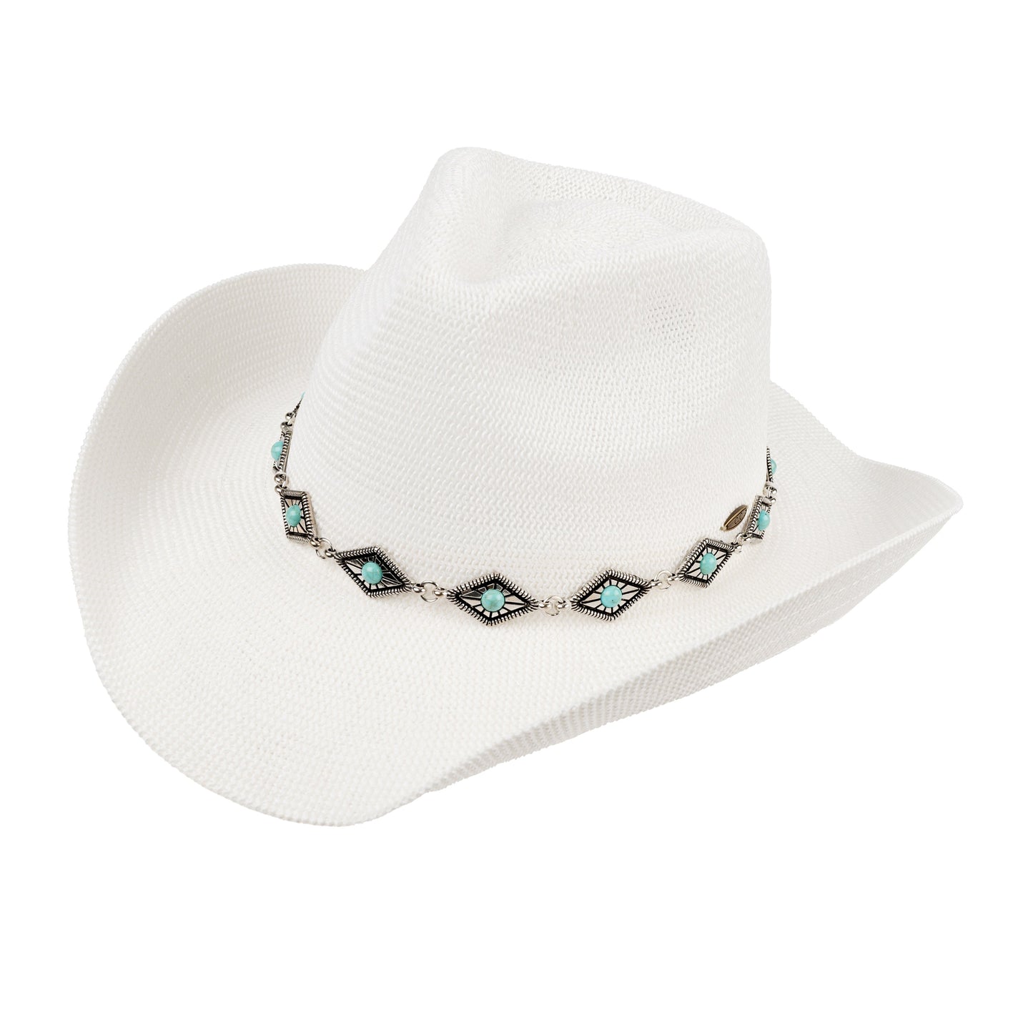 C.C Knitted Cowboy Hat With Turquoise Stone And Engraved Aztec Pattern Band - White - Cowboy Hats