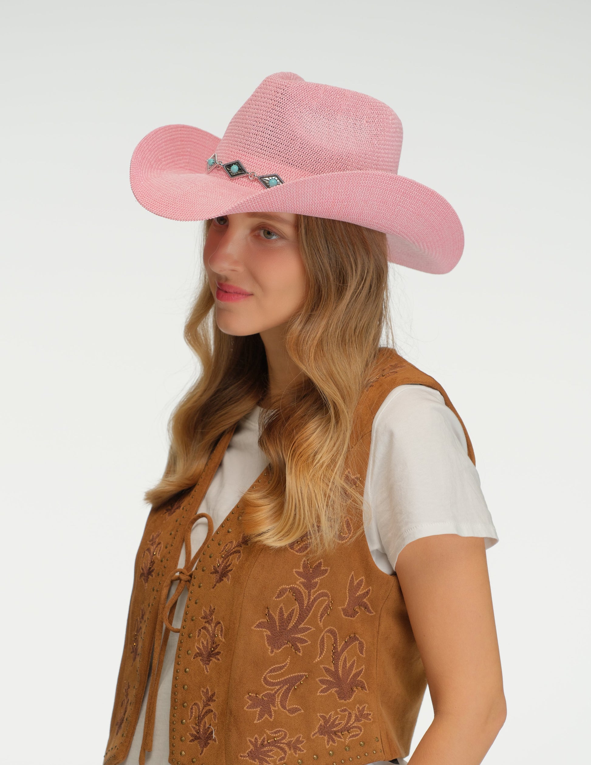 C.C Knitted Cowboy Hat With Turquoise Stone And Engraved Aztec Pattern Band - Cowboy Hats