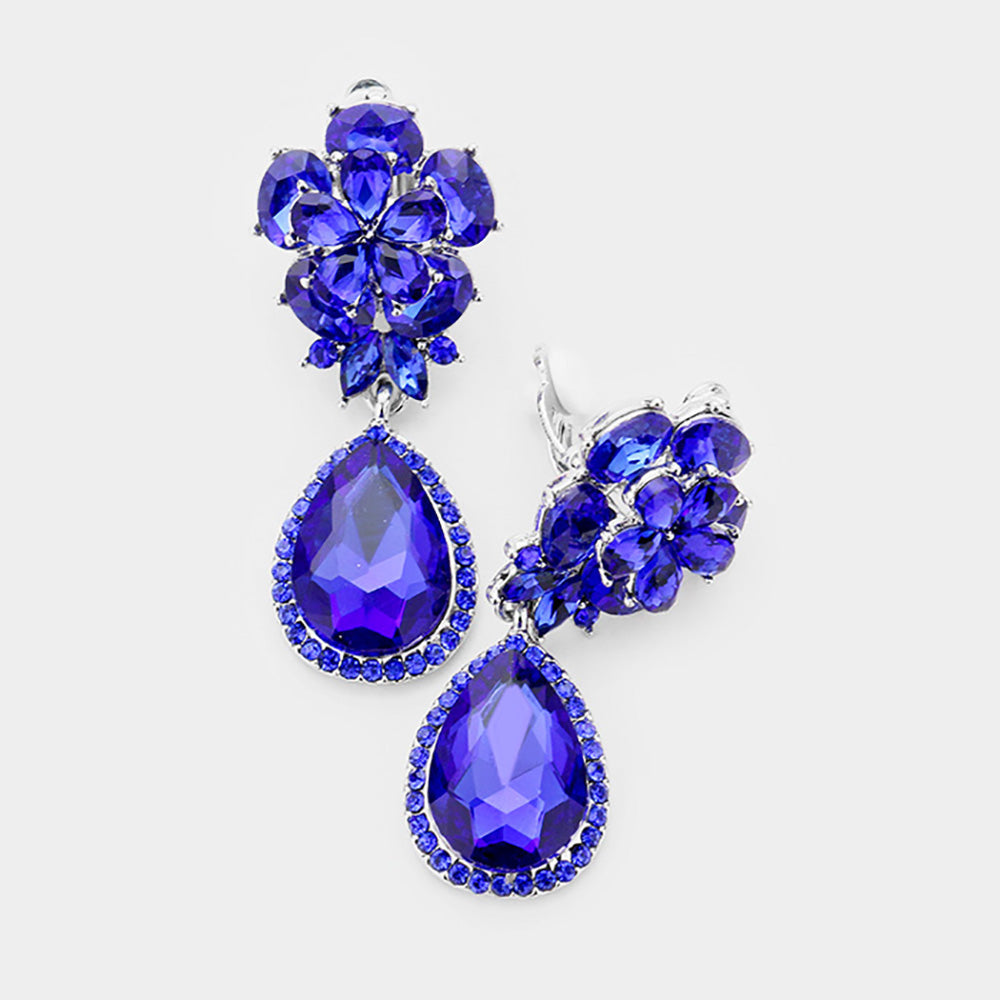 Madeline Love Blue Flower Glass Crystal Teardrop Dangle Clip On Earrings