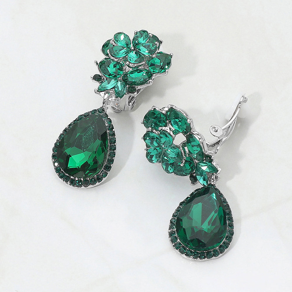 Madeline Love Emerald Flower Glass Crystal Teardrop Dangle Clip On Earrings