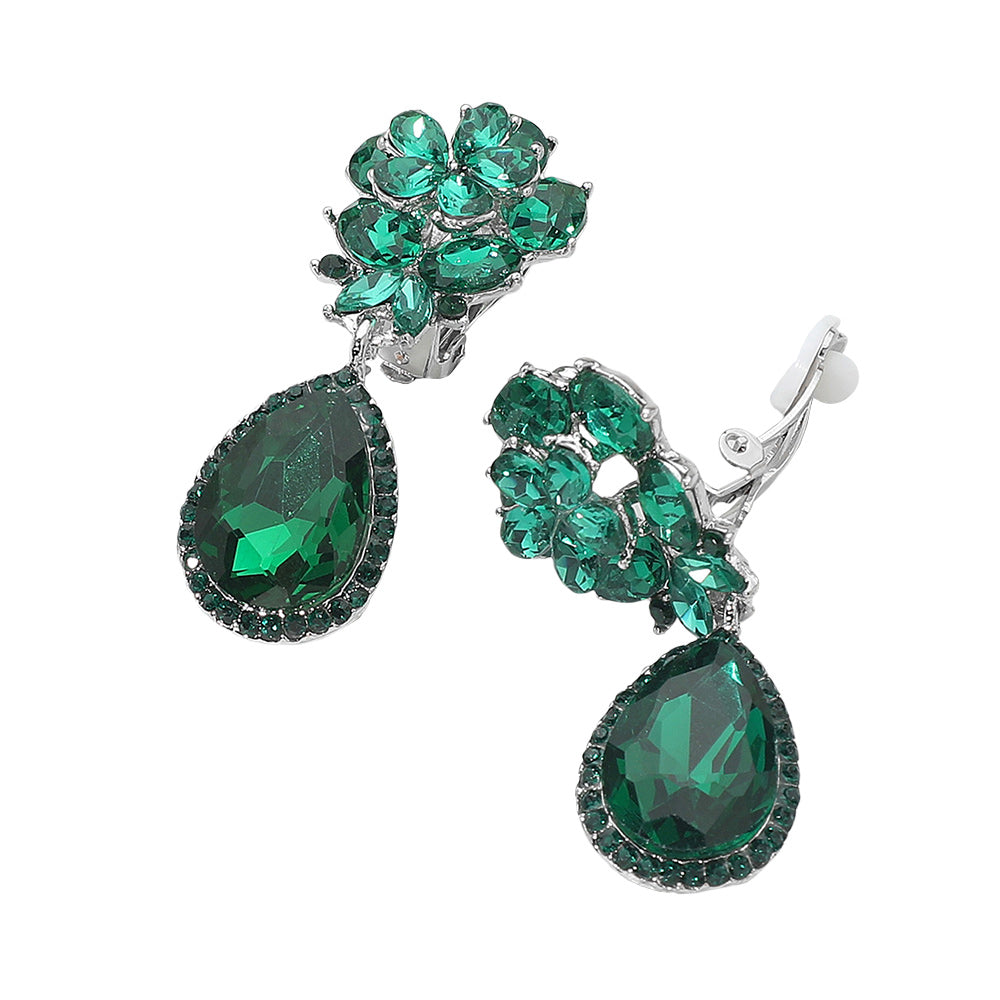 Madeline Love Emerald Flower Glass Crystal Teardrop Dangle Clip On Earrings - desc