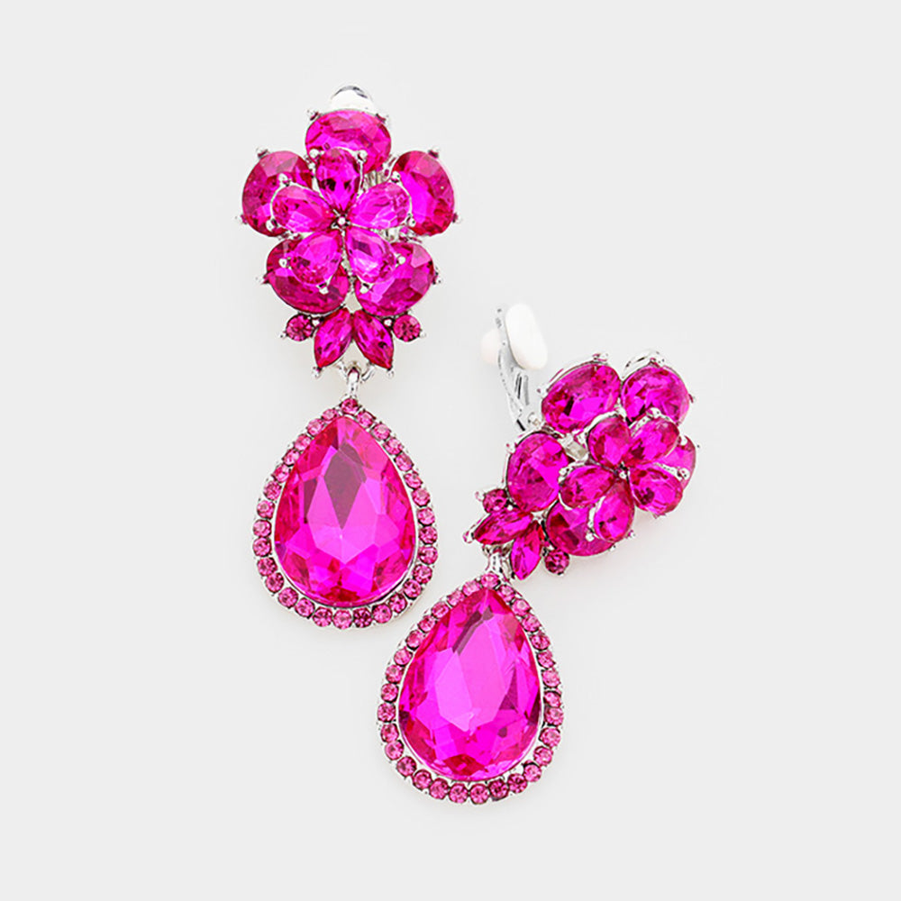 Madeline Love Fuchsia Flower Glass Crystal Teardrop Dangle Clip On Earrings