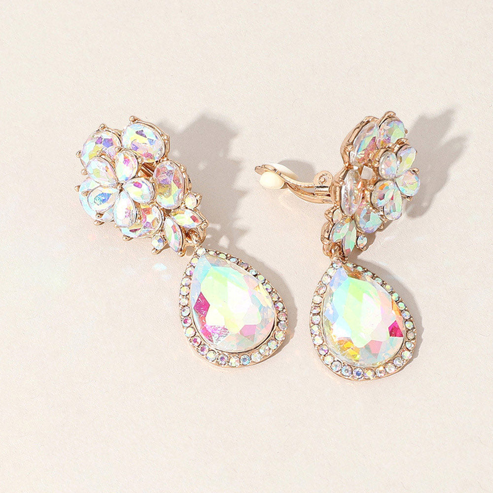 Madeline Love AB, Gold Flower Glass Crystal Teardrop Dangle Clip On Earrings