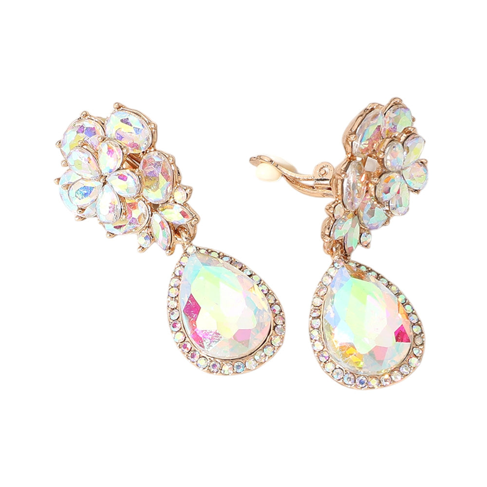 Madeline Love AB, Gold Flower Glass Crystal Teardrop Dangle Clip On Earrings - desc