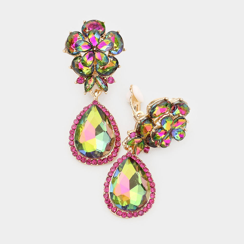 Madeline Love Gold Flower Glass Crystal Teardrop Dangle Clip On Earrings