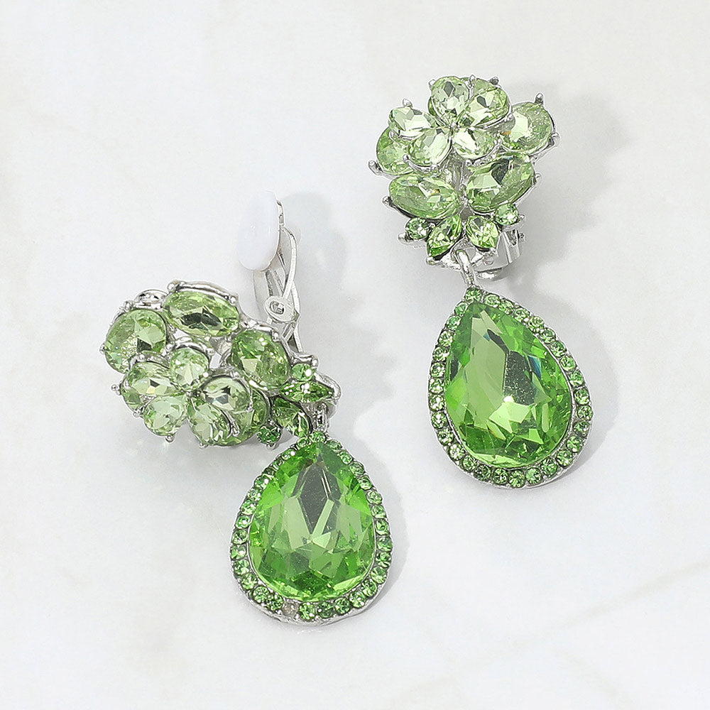 Madeline Love Green Flower Glass Crystal Teardrop Dangle Clip On Earrings