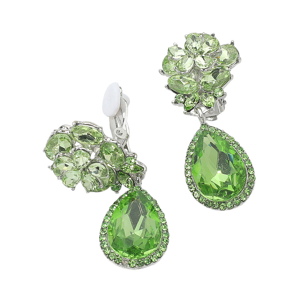 Madeline Love Green Flower Glass Crystal Teardrop Dangle Clip On Earrings - desc