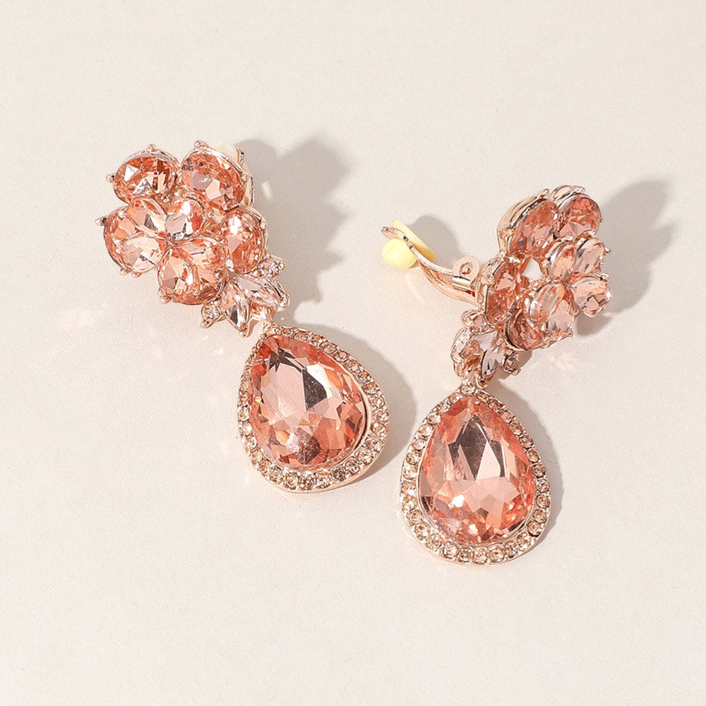 Madeline Love Peach, Rose Gold Flower Glass Crystal Teardrop Dangle Clip On Earrings