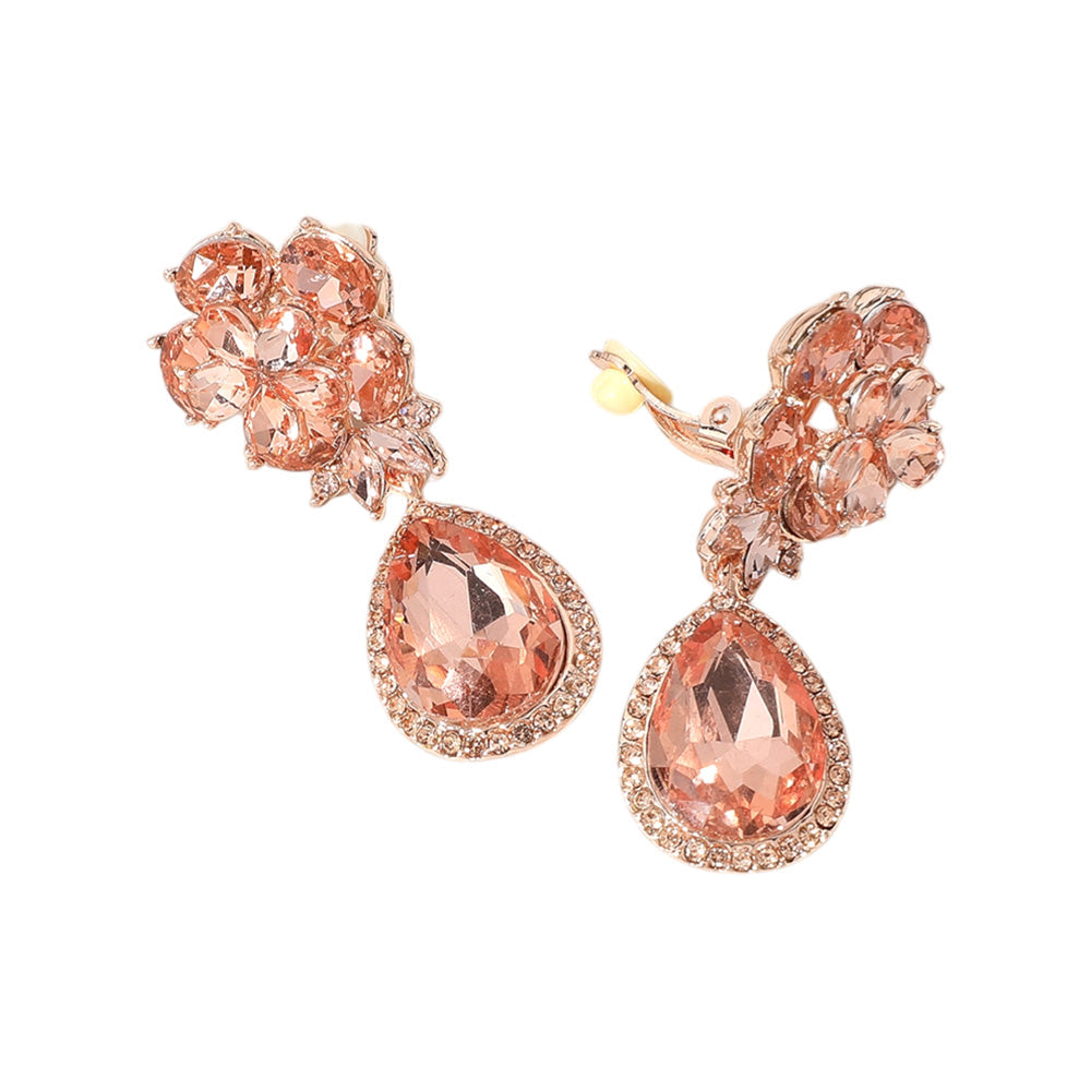 Madeline Love Peach, Rose Gold Flower Glass Crystal Teardrop Dangle Clip On Earrings - desc