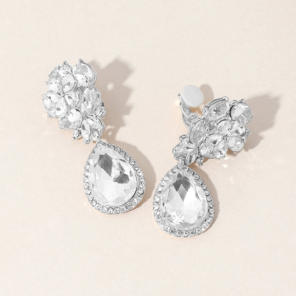 Madeline Love Silver Flower Glass Crystal Teardrop Dangle Clip On Earrings