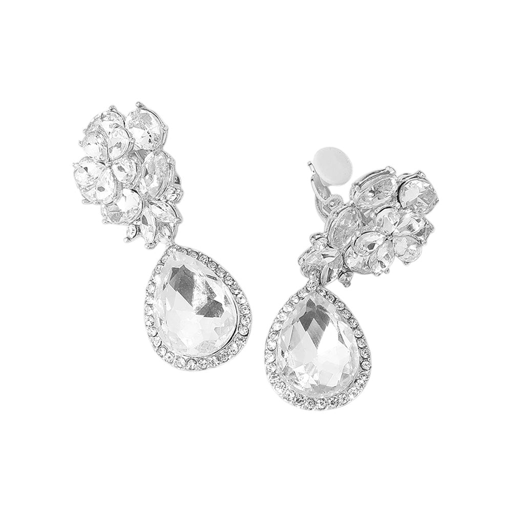 Madeline Love Silver Flower Glass Crystal Teardrop Dangle Clip On Earrings - desc