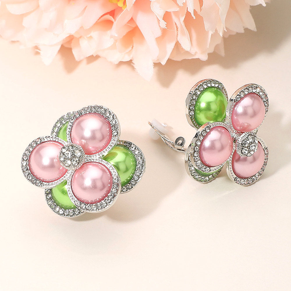Madeline Love Pink&Green Pearl Cluster Flower Evening Clip On Earrings