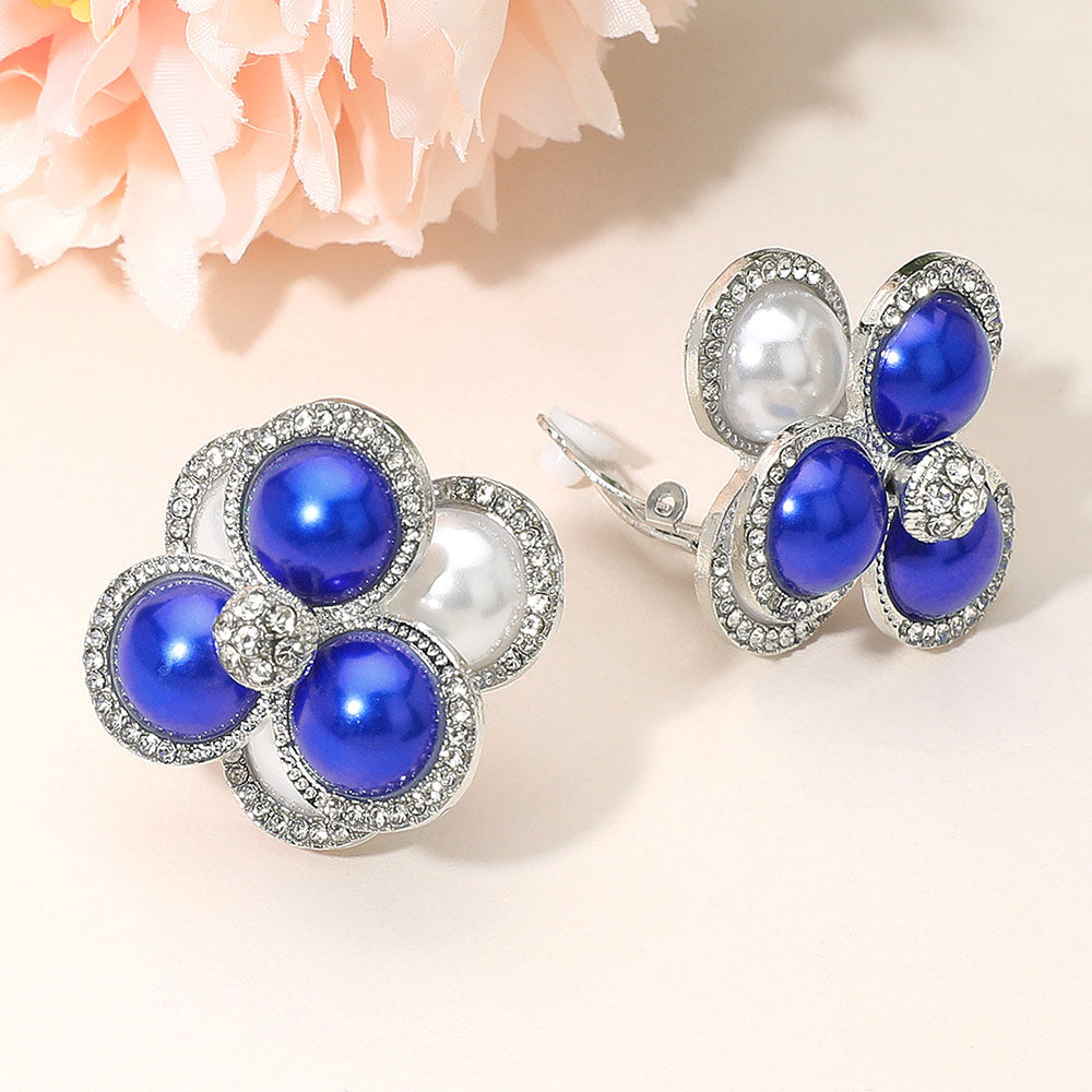 Madeline Love Royal Blue, White Pearl Cluster Flower Evening Clip On Earrings