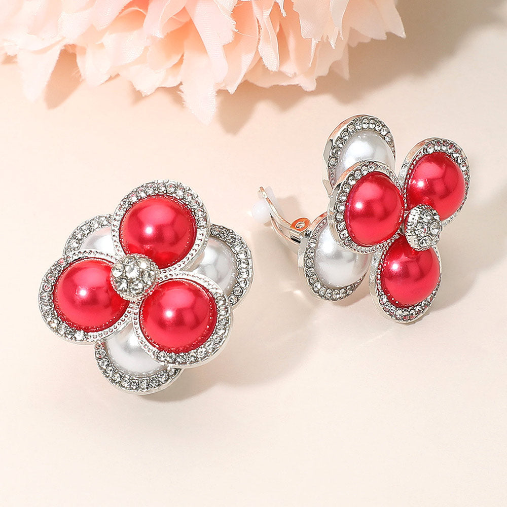Madeline Love Red, White Pearl Cluster Flower Evening Clip On Earrings