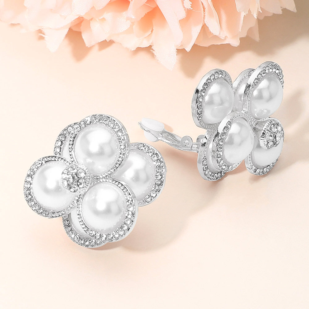 Madeline Love Rhodium, White Pearl Cluster Flower Evening Clip On Earrings