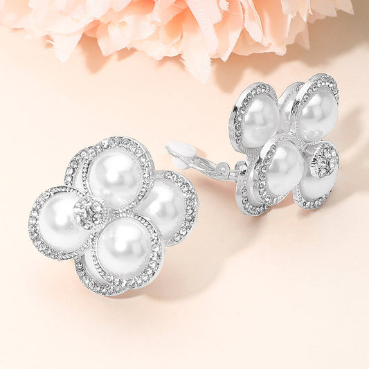 Madeline Love Rhodium, White Pearl Cluster Flower Evening Clip On Earrings