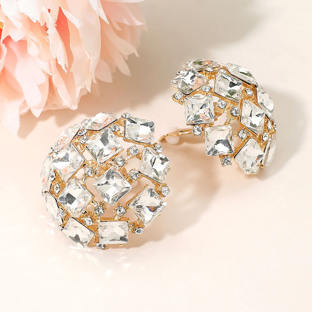 Madeline Love Clear, Gold Square Stone Cluster Embellished Dome Evening Clip On Earrings