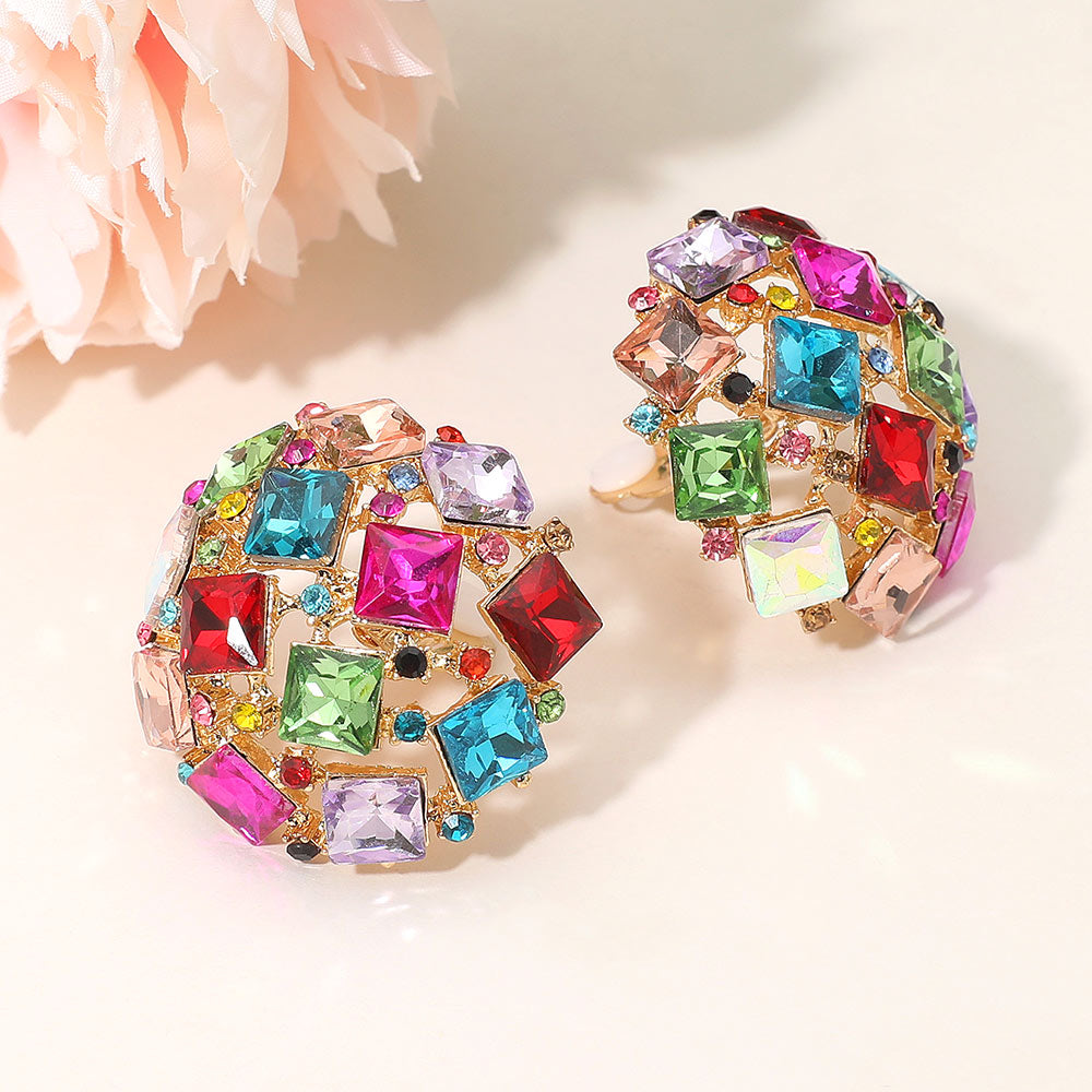 Madeline Love Multi Square Stone Cluster Embellished Dome Evening Clip On Earrings