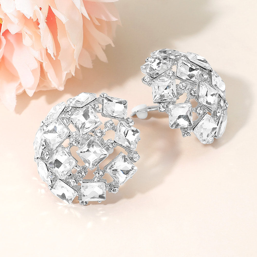 Madeline Love Clear, Silver Square Stone Cluster Embellished Dome Evening Clip On Earrings