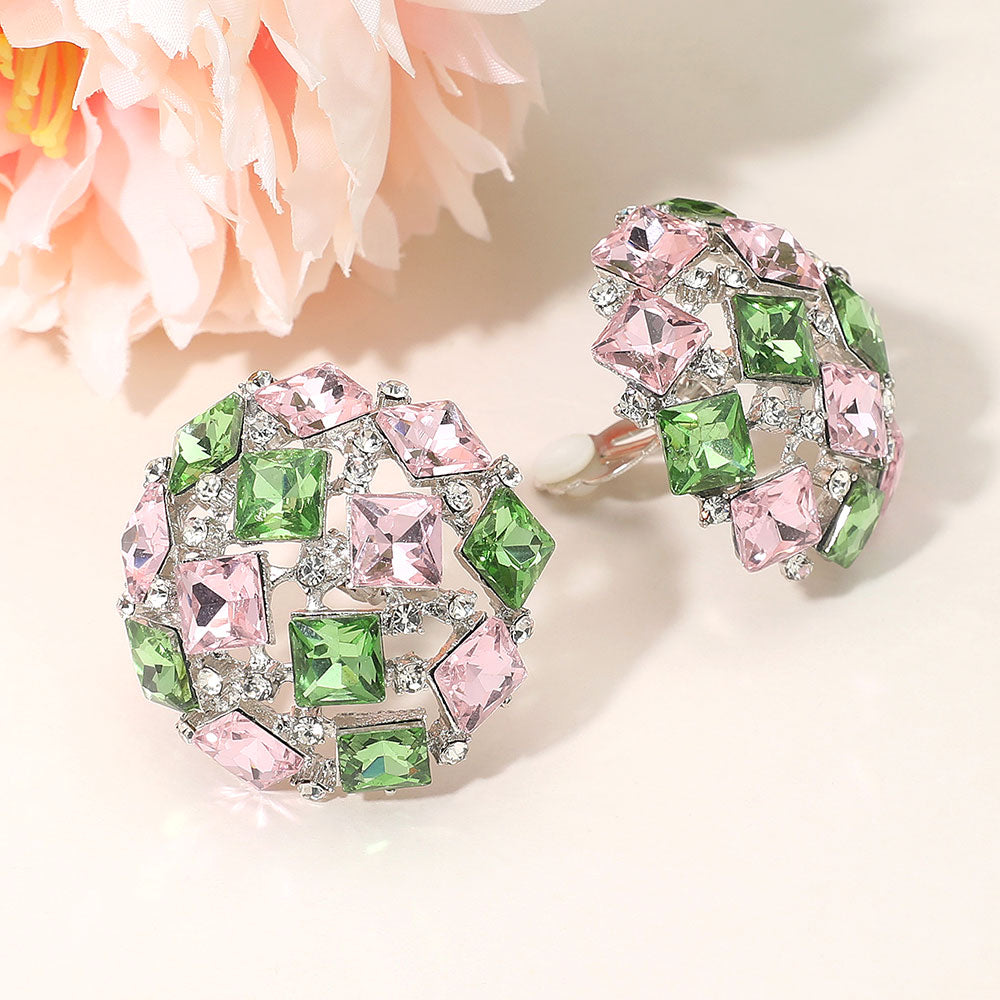 Madeline Love Pink&Green, Silver Square Stone Cluster Embellished Dome Evening Clip On Earrings