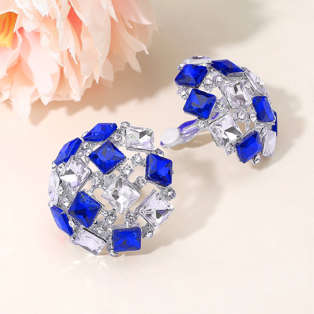 Madeline Love Royal Blue, Silver, White Square Stone Cluster Embellished Dome Evening Clip On Earrings