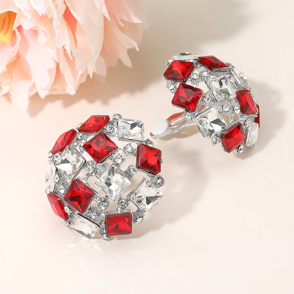 Madeline Love Red, Silver, White Square Stone Cluster Embellished Dome Evening Clip On Earrings