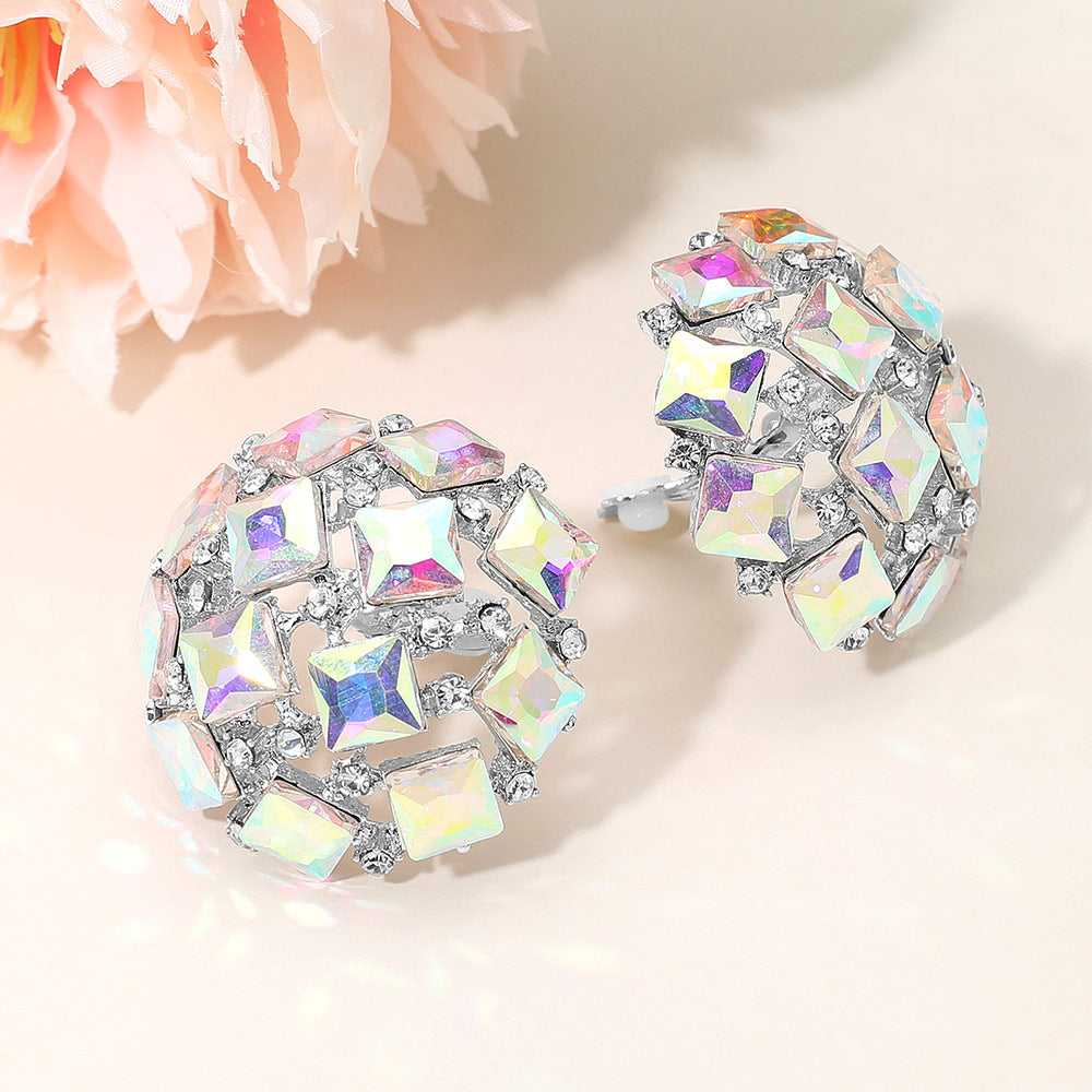 Madeline Love AB, Silver Square Stone Cluster Embellished Dome Evening Clip On Earrings