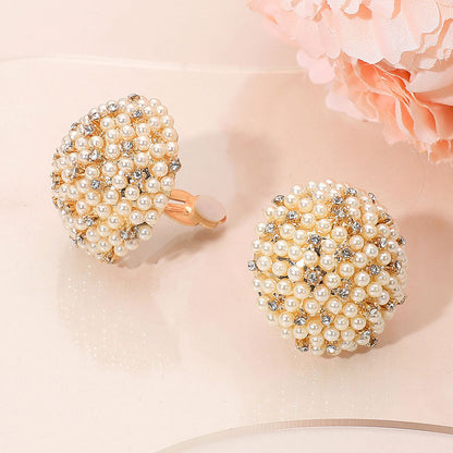 Madeline Love Cream, Gold Beaded Pearl Rhinestone Embellished Dome Clip On Earrings