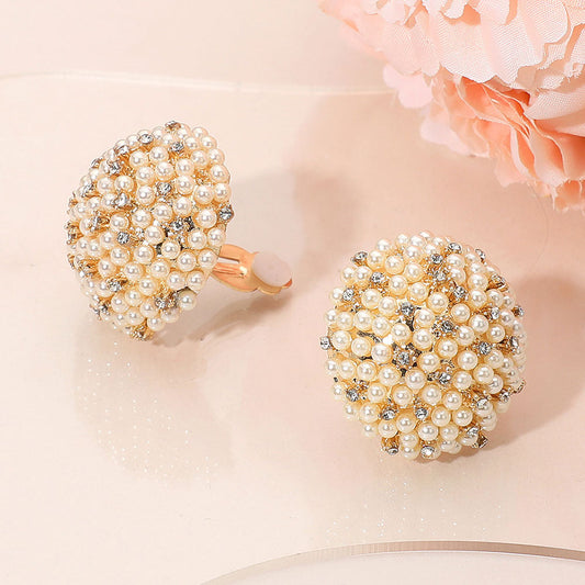 Madeline Love Cream, Gold Beaded Pearl Rhinestone Embellished Dome Clip On Earrings