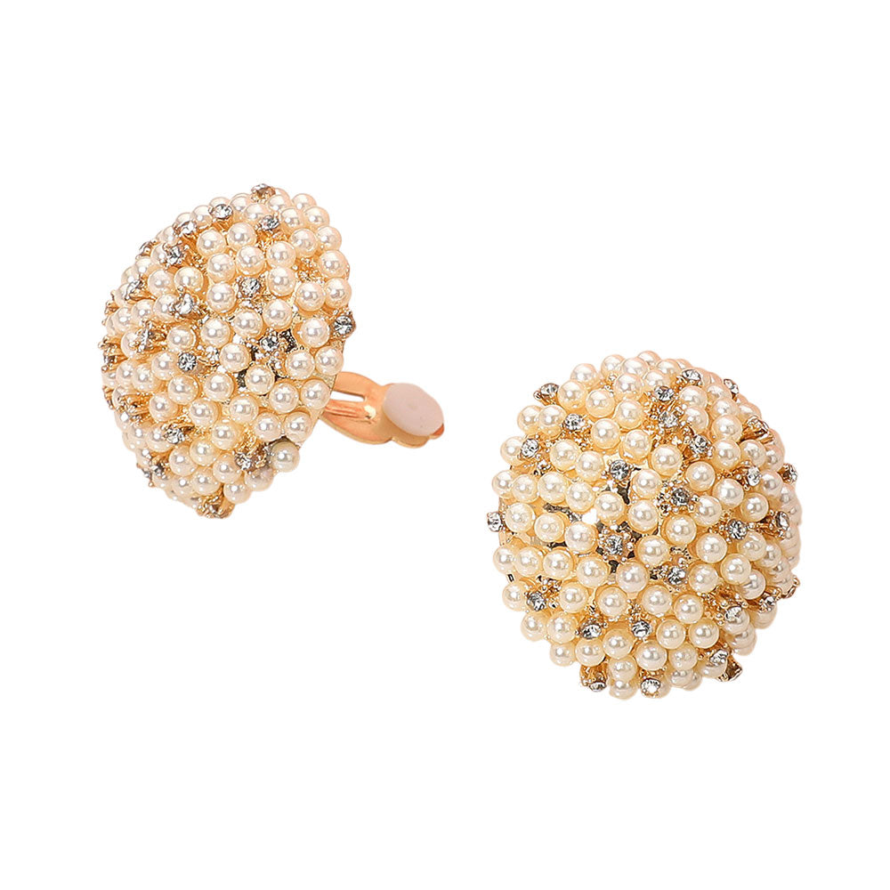 Madeline Love Cream, Gold Beaded Pearl Rhinestone Embellished Dome Clip On Earrings - desc