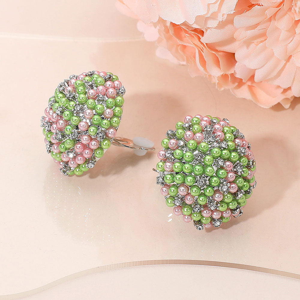 Madeline Love Pink&Green, Silver Beaded Pearl Rhinestone Embellished Dome Clip On Earrings