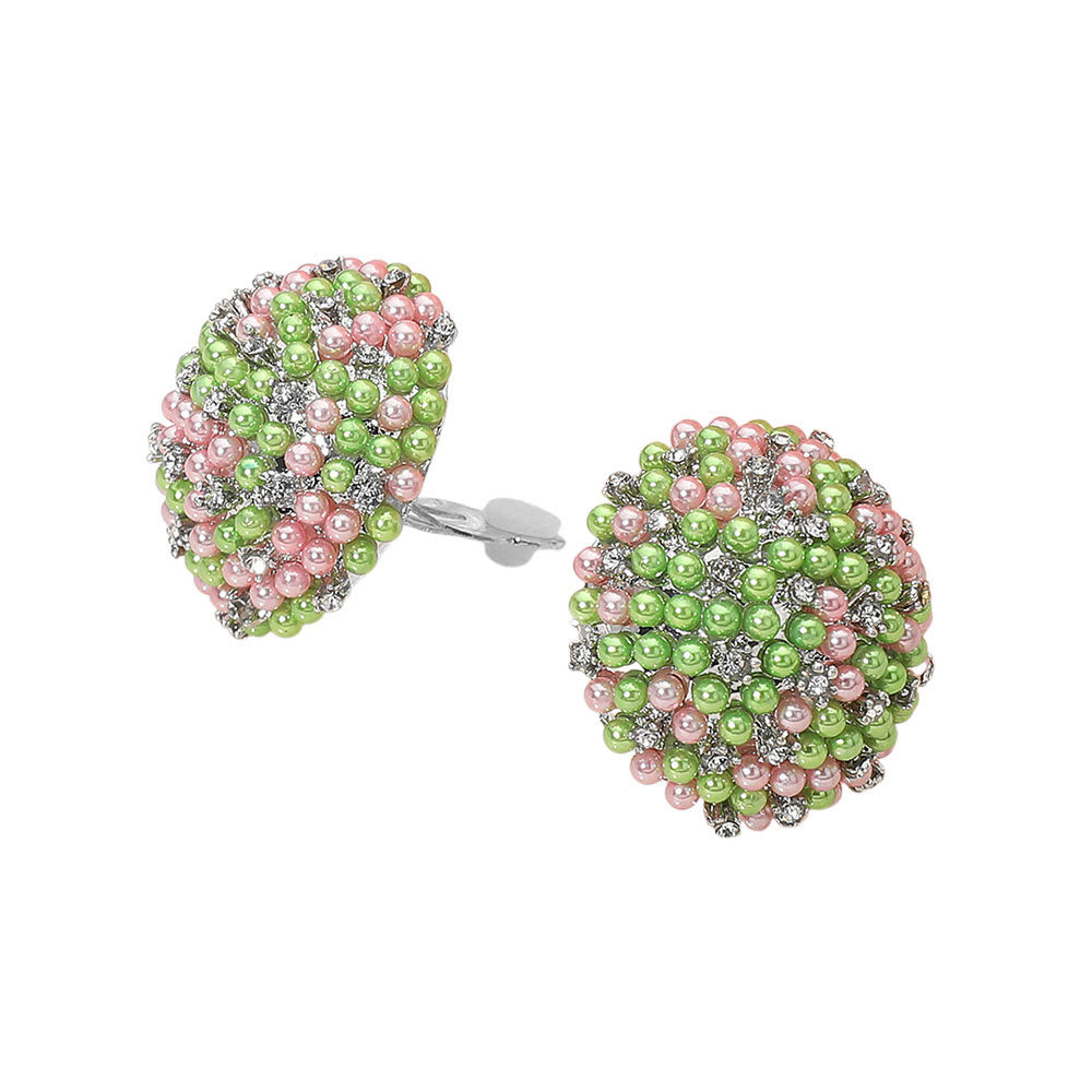 Madeline Love Pink&Green, Silver Beaded Pearl Rhinestone Embellished Dome Clip On Earrings - desc