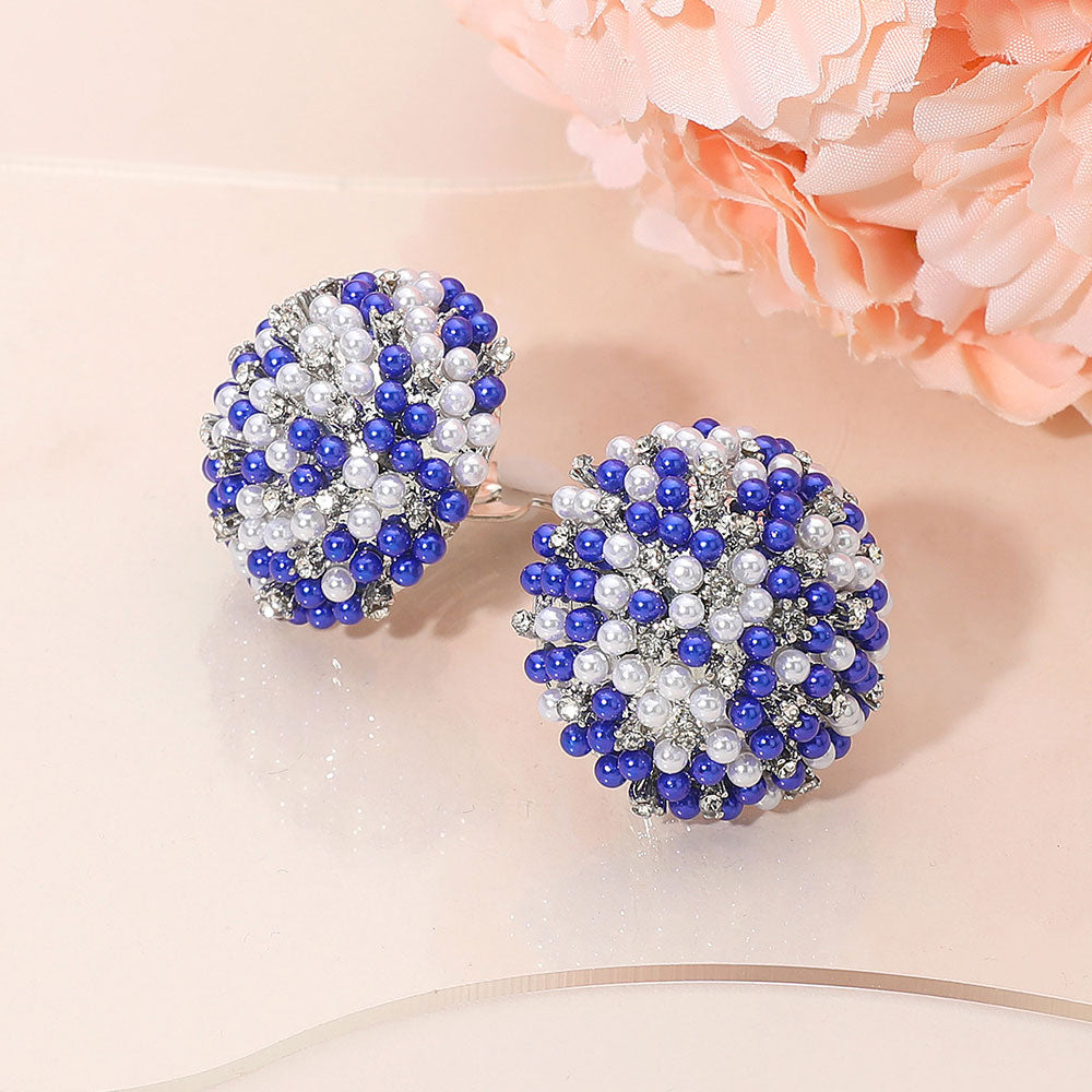 Madeline Love Royal Blue, Silver, White Beaded Pearl Rhinestone Embellished Dome Clip On Earrings