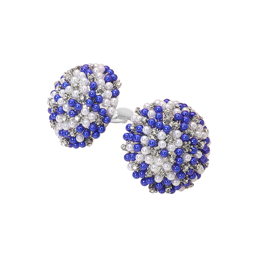 Madeline Love Royal Blue, Silver, White Beaded Pearl Rhinestone Embellished Dome Clip On Earrings - desc